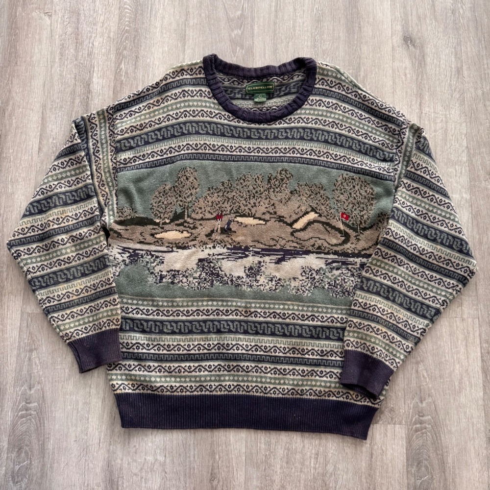 Vintage Clubfellow Mens Golf Scene Knit Sweater Large Green Cotton Fair Isle Lg